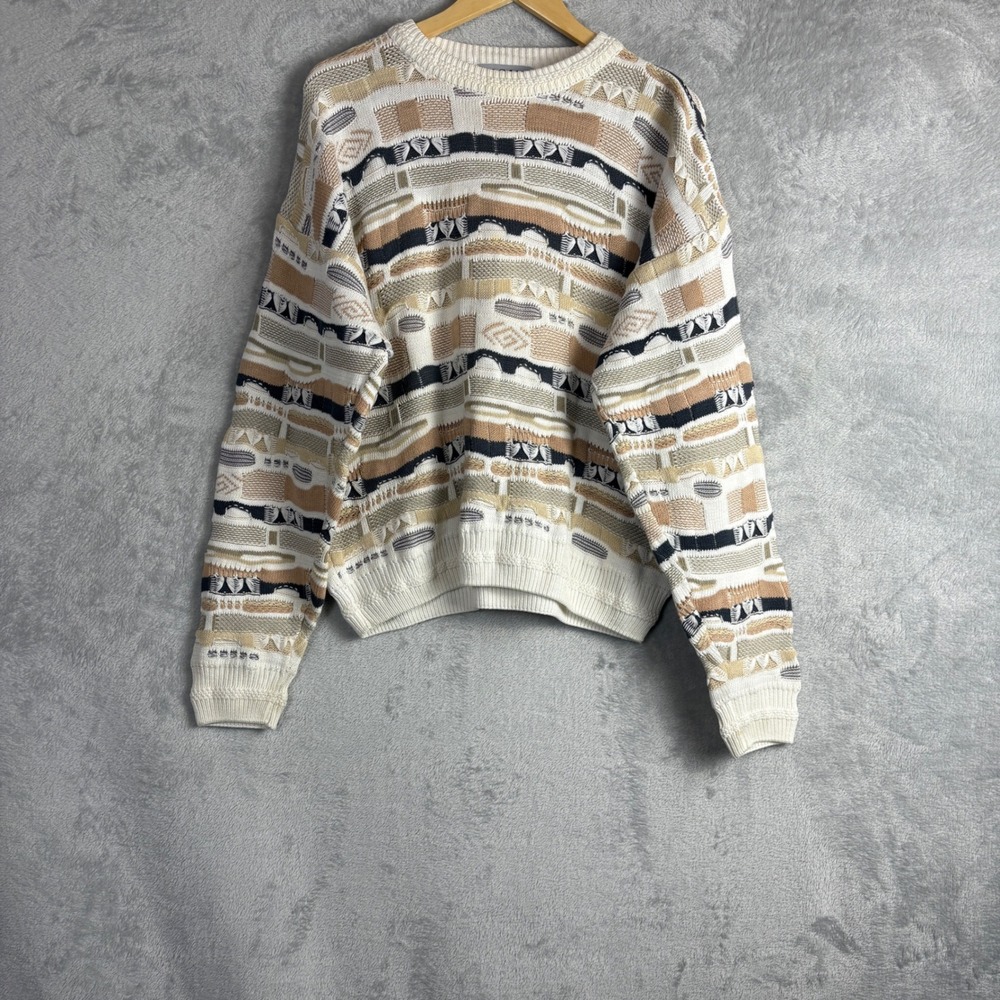 Tosani Sweater Knit Vintage XL Cream Tan Brown Coogi Style Fishman Cottagecore